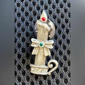 Elegant Silver Candle pin with Red and Green Accents